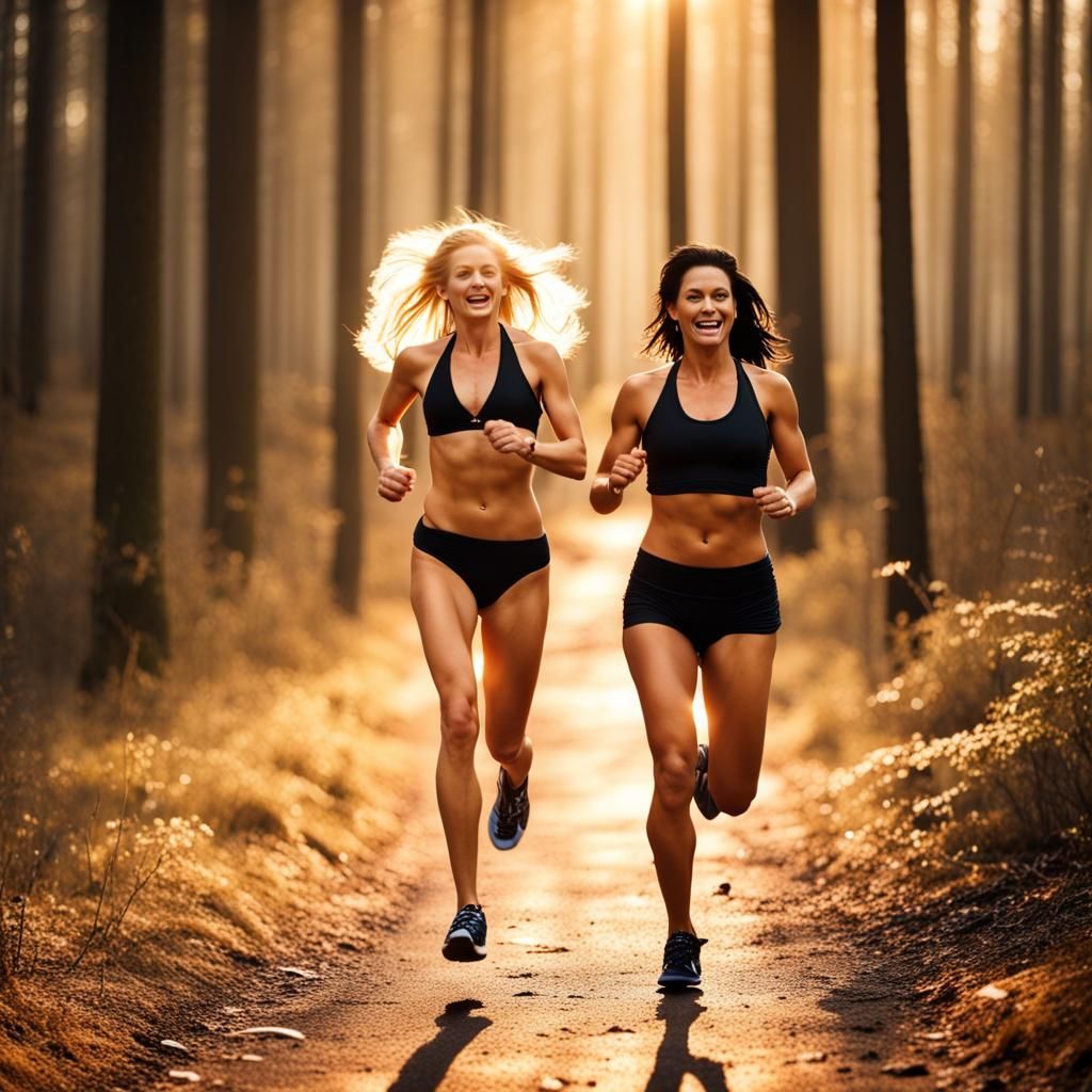 Ladies running in the forest.