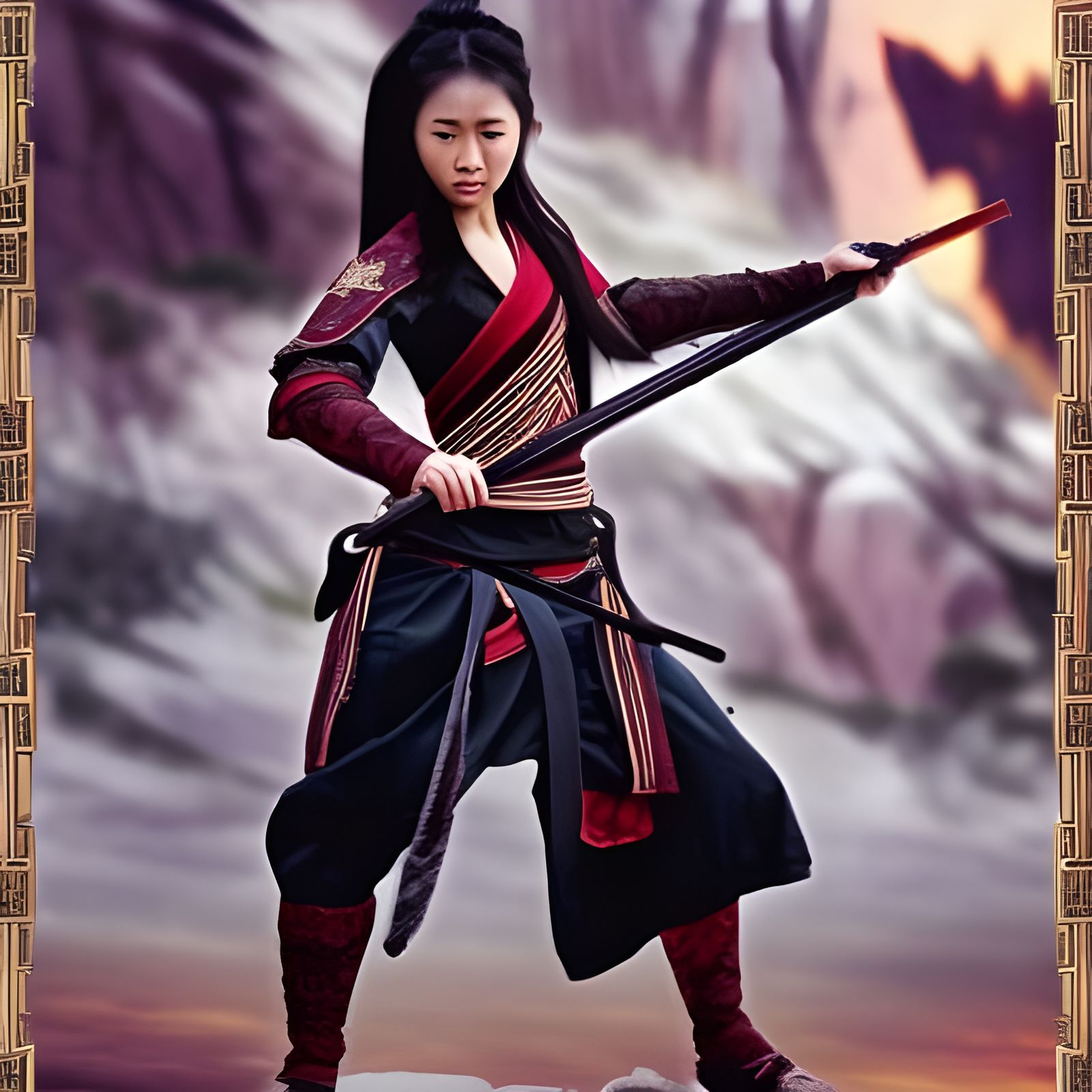 female martial artist with two sai weapons, epic wuxia style, black ...