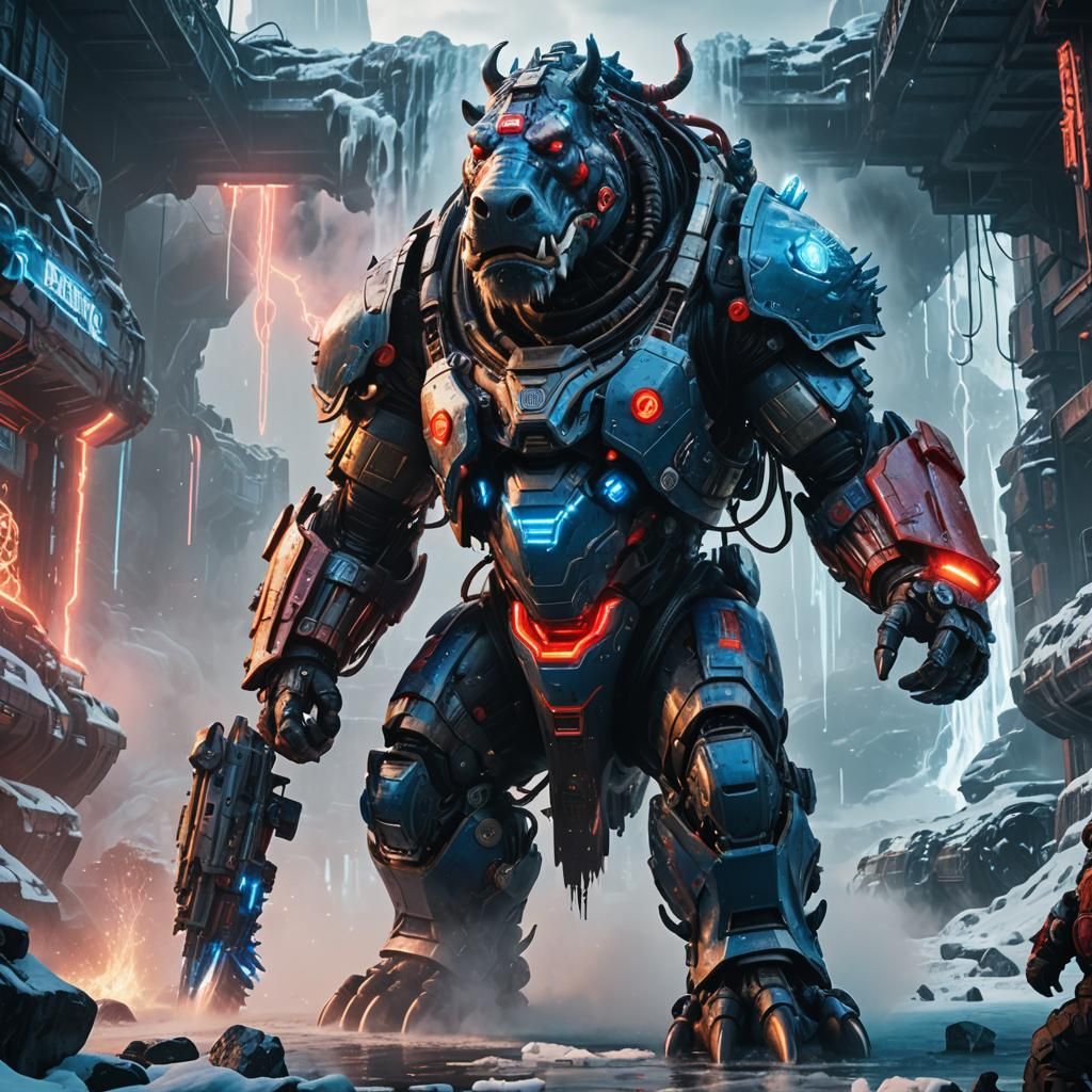 half eagle half man blue and red. saddled a cybernetic hippopotamus with an open mouth from which clouds of smoke burst out. around waterfal...