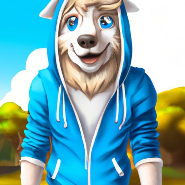anthropomorphic golden retriever fursona with blue eyes in a white