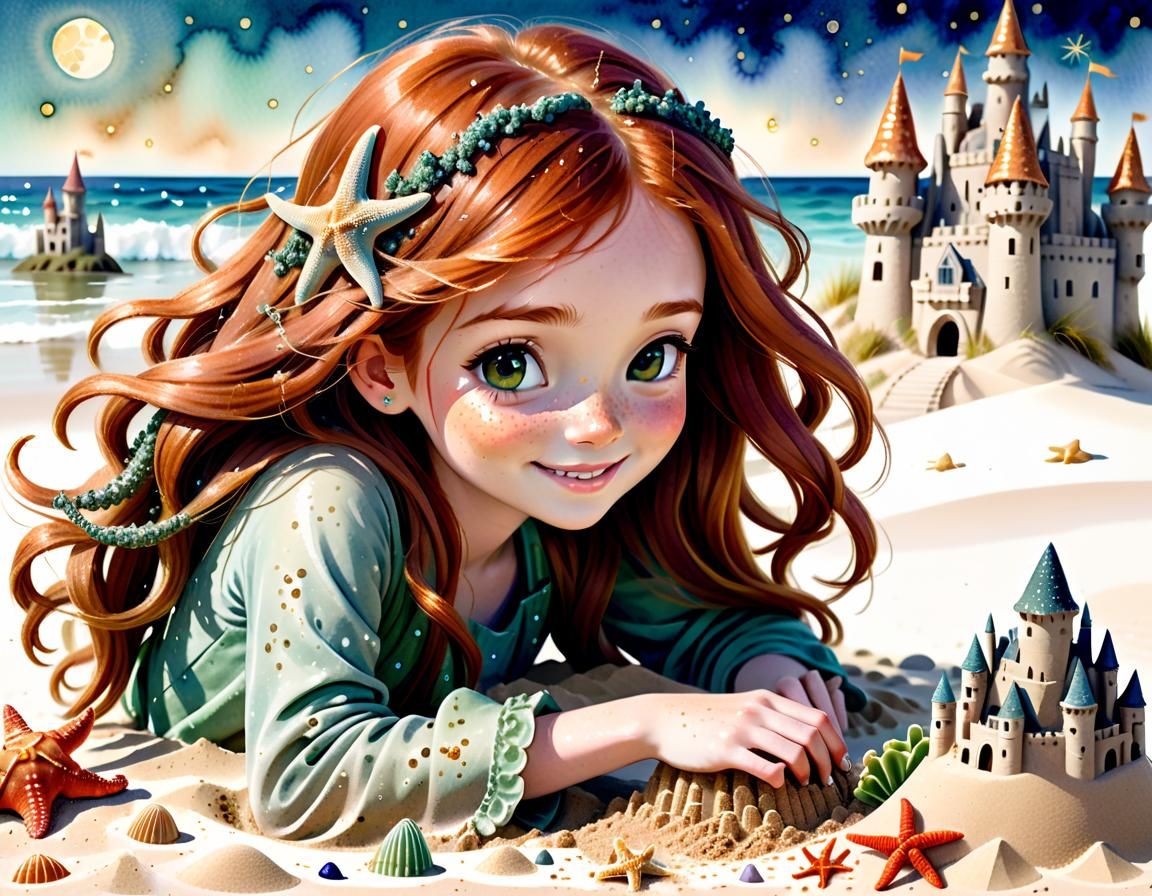 Foreground beautiful coppery haired girl, shy smile, freckle...