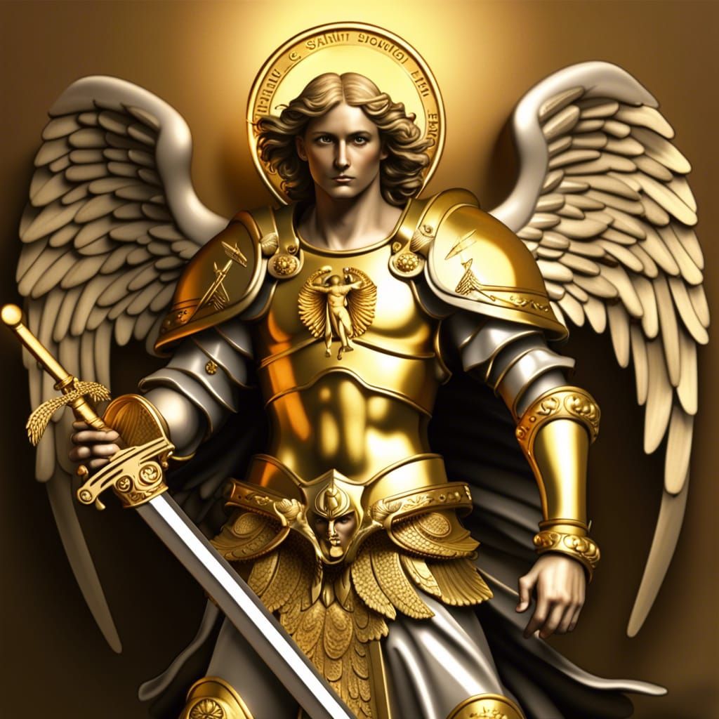 saint Michael with a sword in heaven gold wings - AI Generated Artwork ...