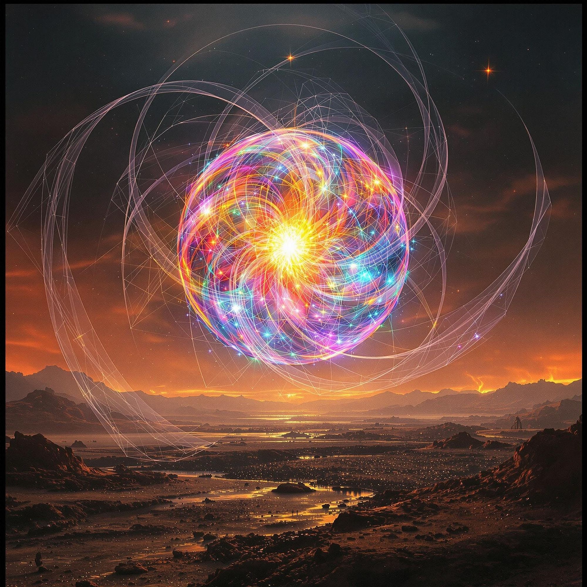 A celestial orb with a bright colorful aura. It is rotating in a grandiose orbit with silky webs in the background.   It's in a scene that y...