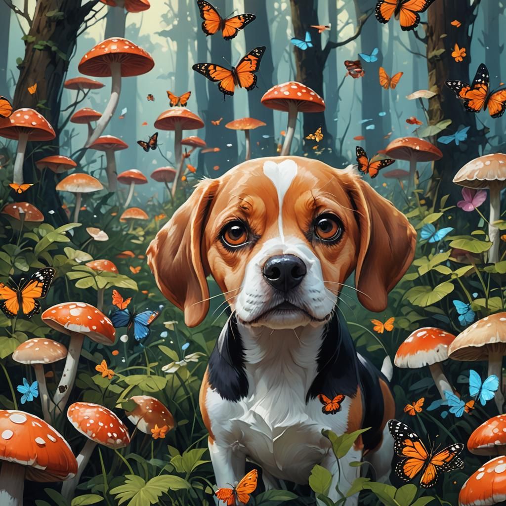 Beagle in a magical mushroom forest