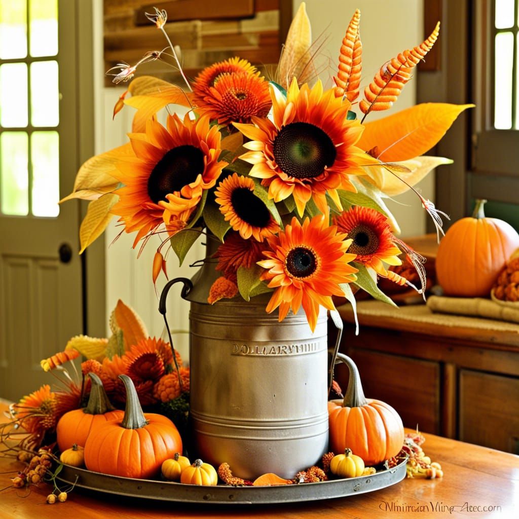 An antique milk can with tall sunflowers and spider, lilies and delicate, orange blossoms, with a sprig ...  by @Pjrockey