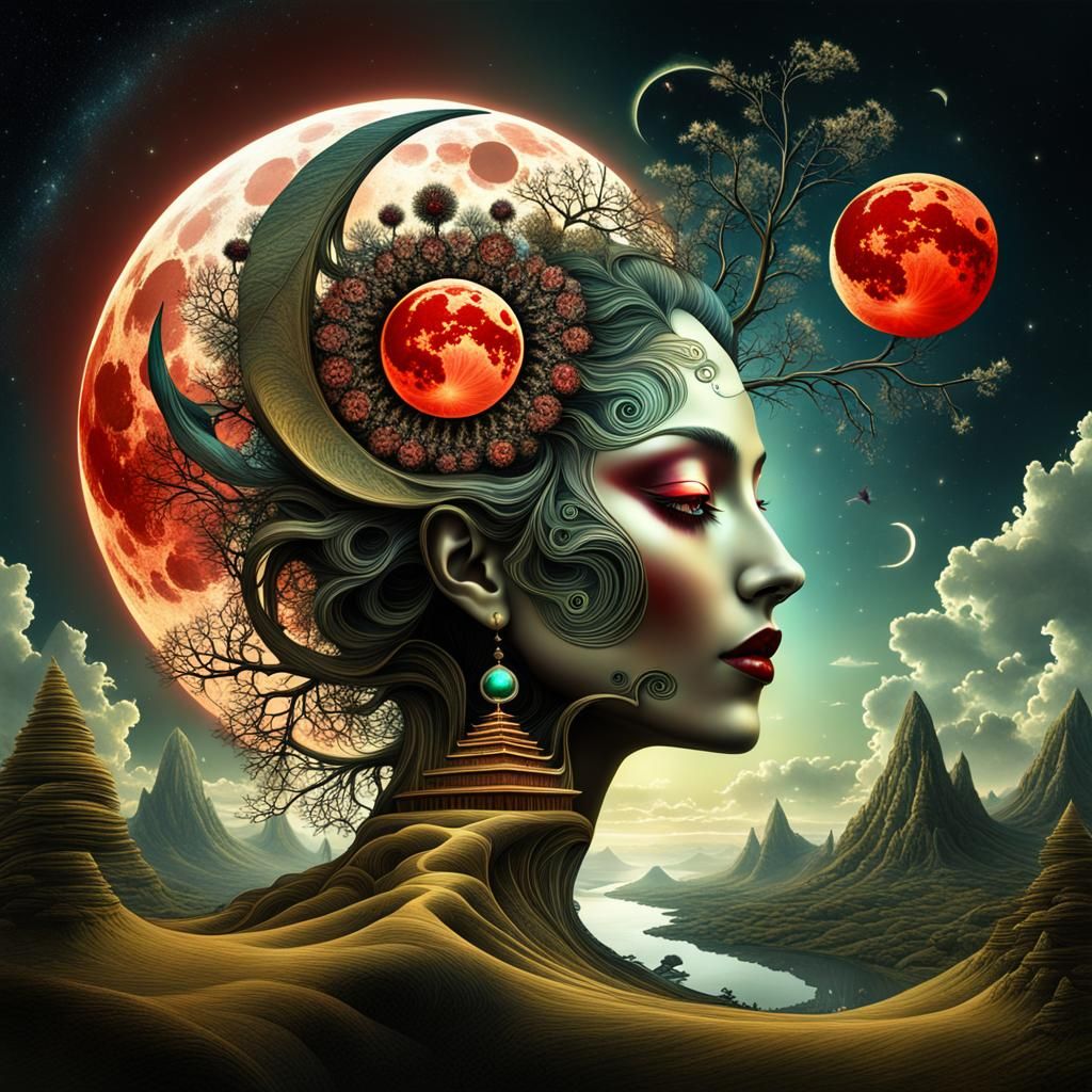 Eclectic Surrealist Fusion fractal fantasy dreamland bloodmoon goddess Mother Nature   by @PJs AiArt