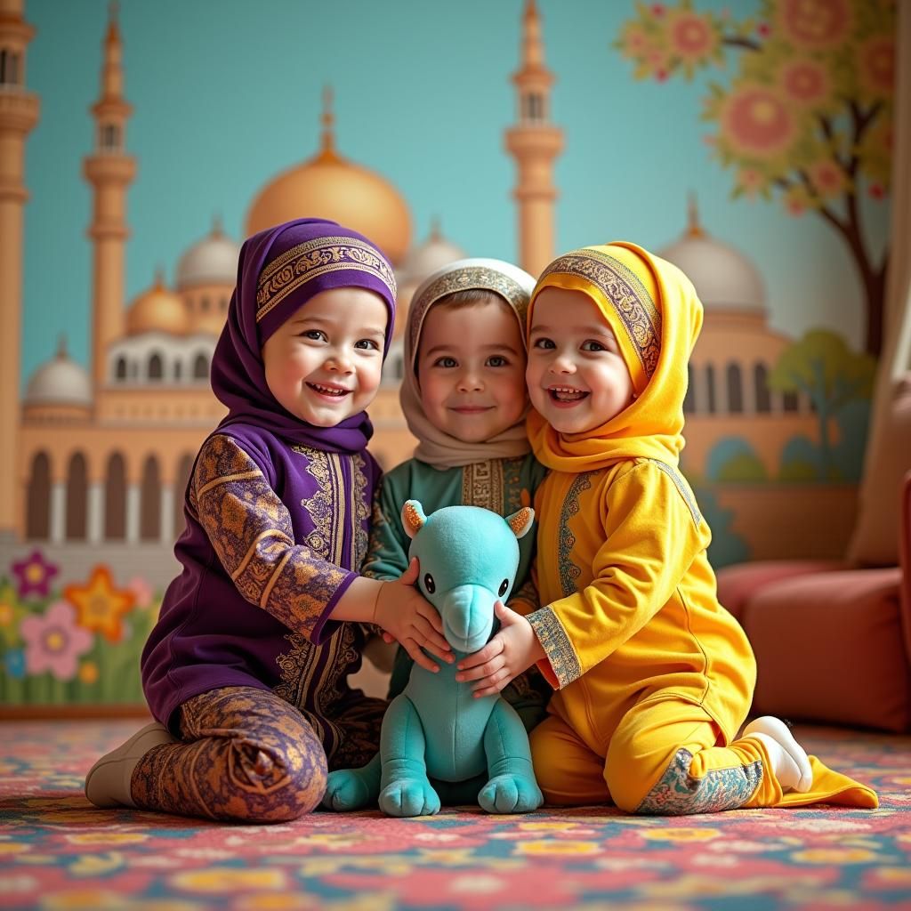 "Toddlers exploring a play area, wearing traditional Islamic clothing in lively colors like purple, yellow, and turquoise, playing with brig...