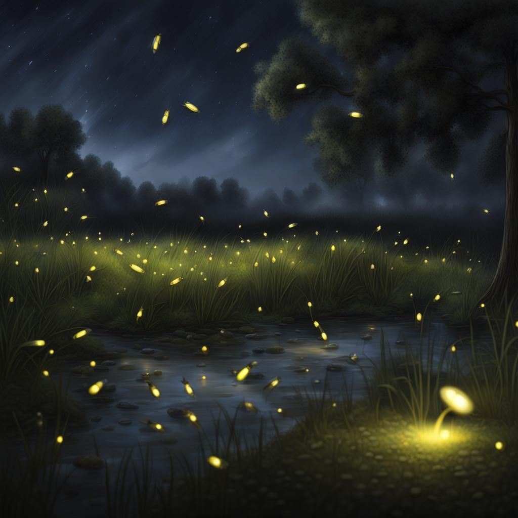 Realistic photo of Fireflies and lightning bugs at night AI Generated
