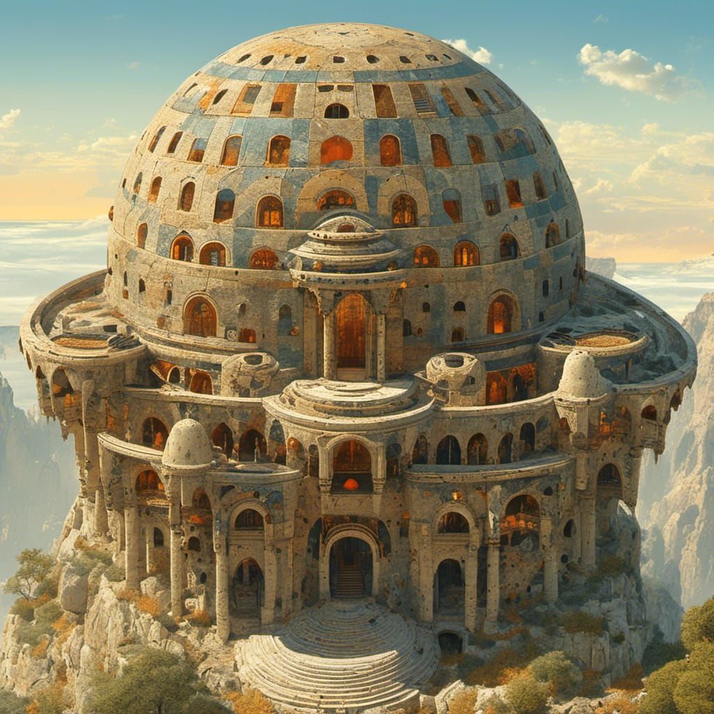 <lora:MJ6 Surreal Builds:1.0> Translucent Temple: A temple made of translucent materials that allow sunlight to filter through, creating a...