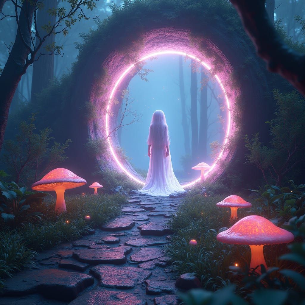 Ethereal Being Emerges from Shimmering Portal in Vibrant Lan...