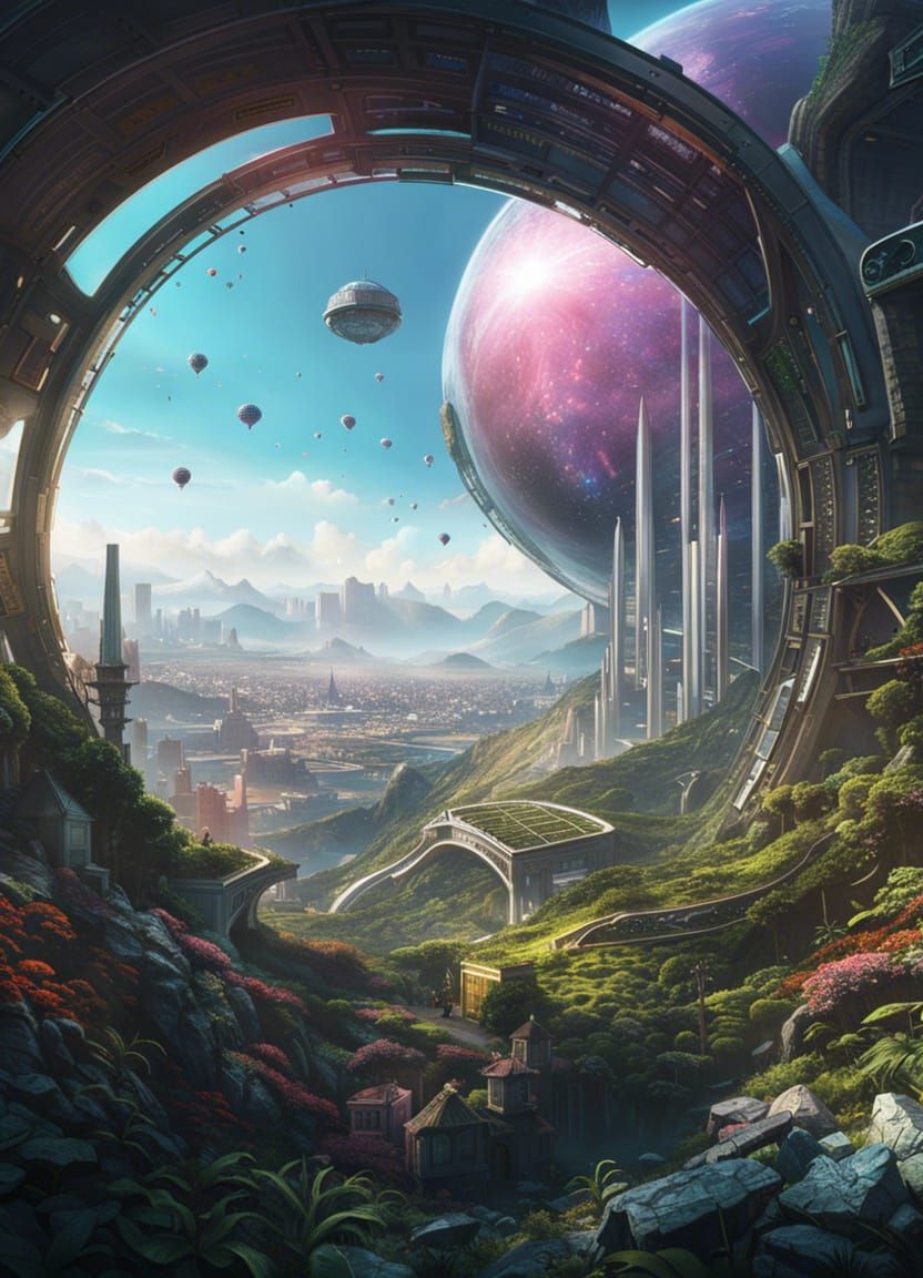 Hyperdetailed ring halo space futuristic city habitat greenhouse parks mountains, insanely detailed centered ...  by @Tek Noiz