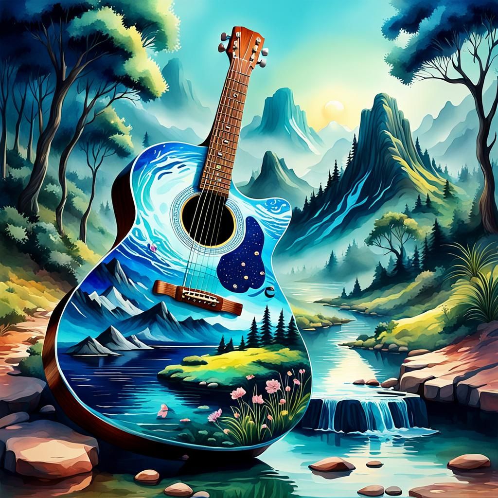 Jio aCreate a 3D water colour landscape blended In a beautiful guitar ,illusion , illustration, 3d render, ...  by @GRAZYNA-BARBARA