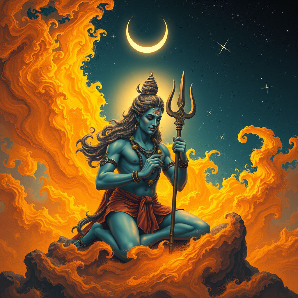 Lord Shiva Bowing in Cosmic Blaze: Surreal Digital Art