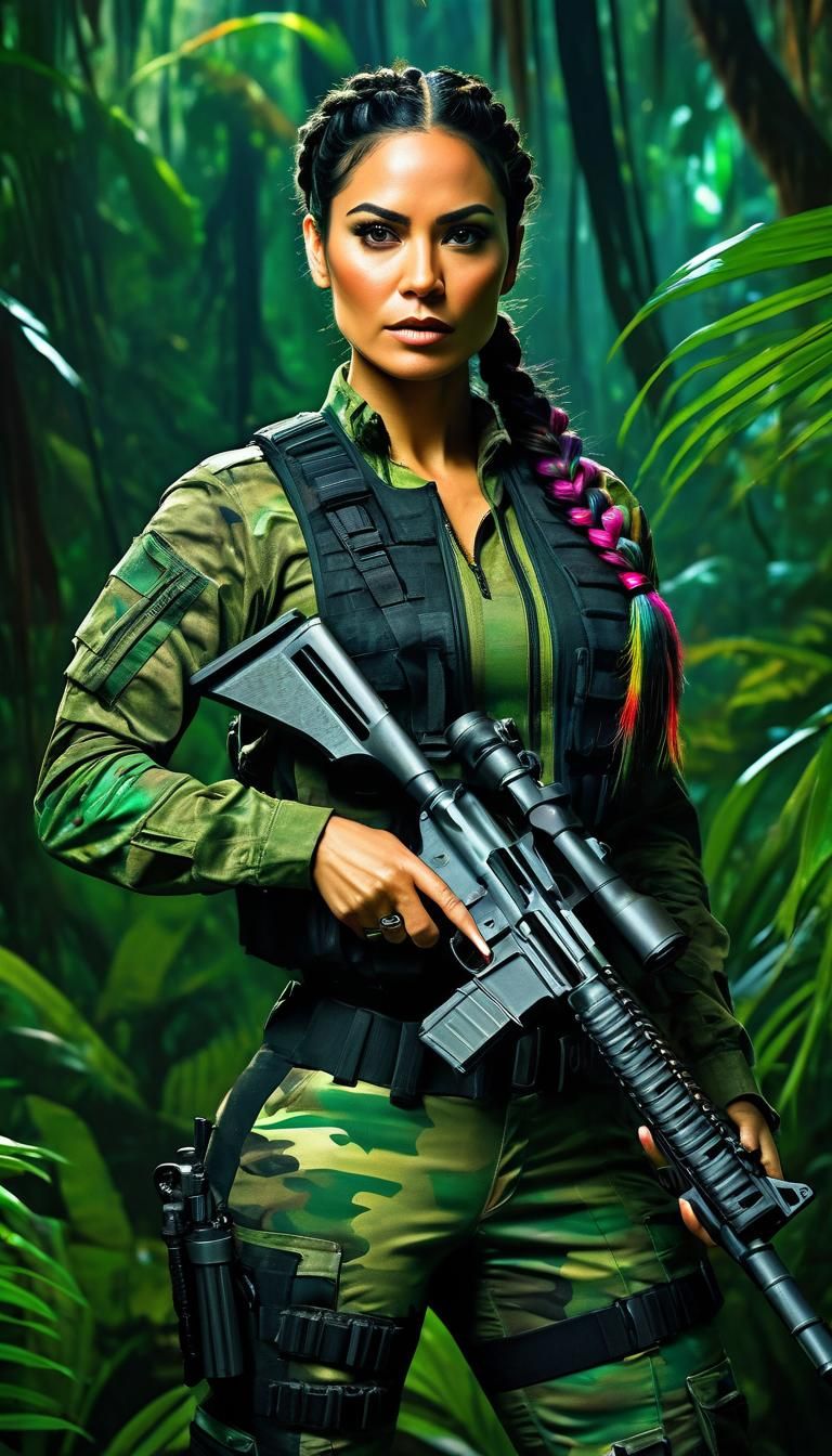jungle, beautiful latina, 32 years old, camouflage outfit, black French braid, , torn and dirty clothing, holding a gun