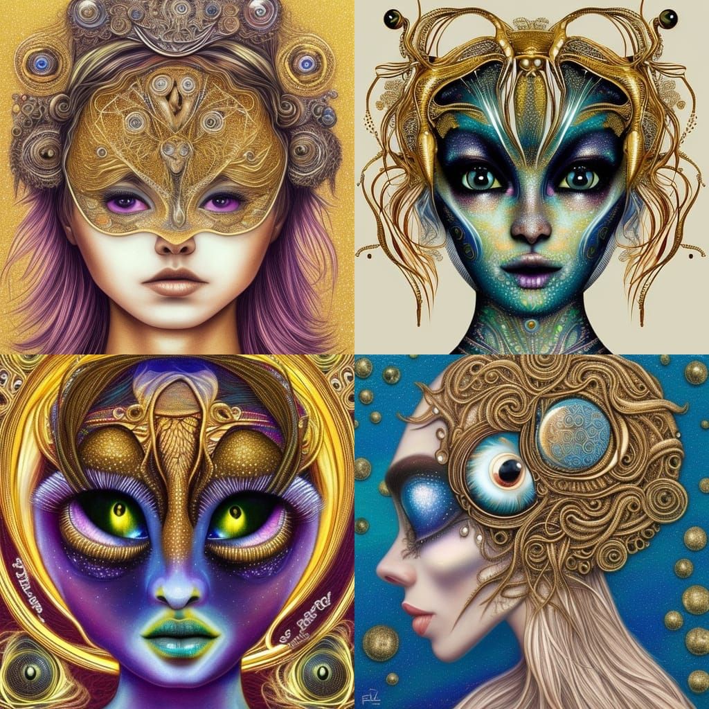 Prompt alien with adorable eyes made from shimmering gold and silver