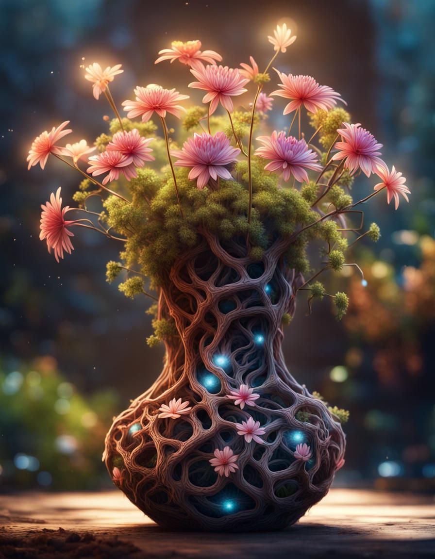 Flower vase woven from plant roots
