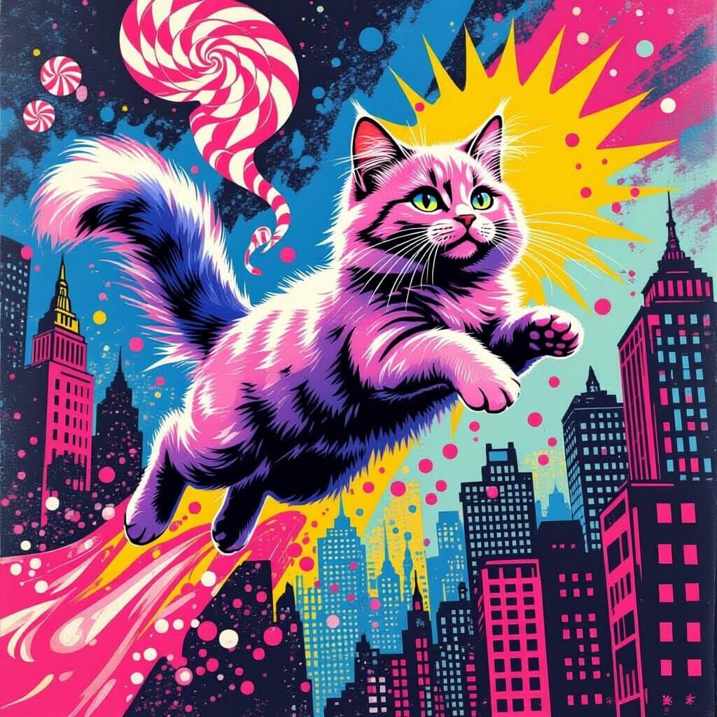 Screen print style. A whimsical cat made of swirling pink candy, leaping through a vibrant, abstract cityscape. Pop art color palette. Detai...