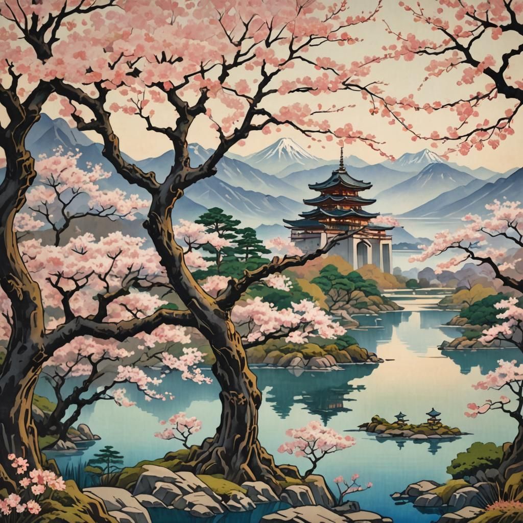 A beautiful ancient sakura tree in front of a lake. Mountain...