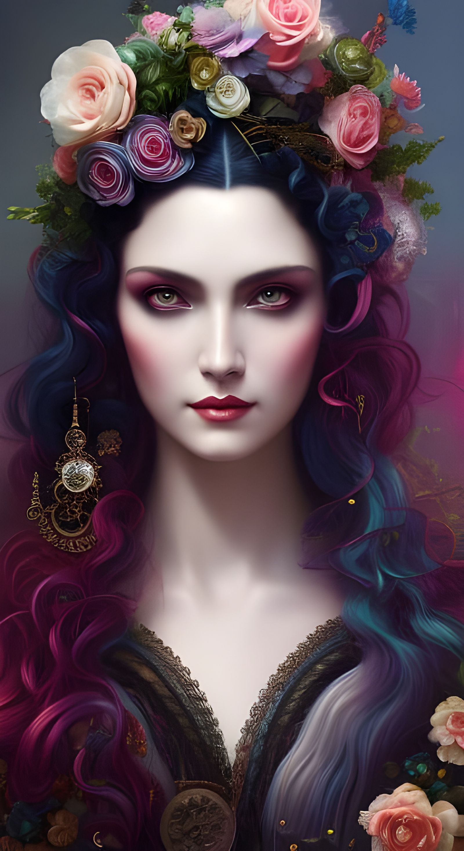 Portrait Of wavy haired steampunk queen in lace surrounded by 💐🌸🌹🌻🌺 in ...