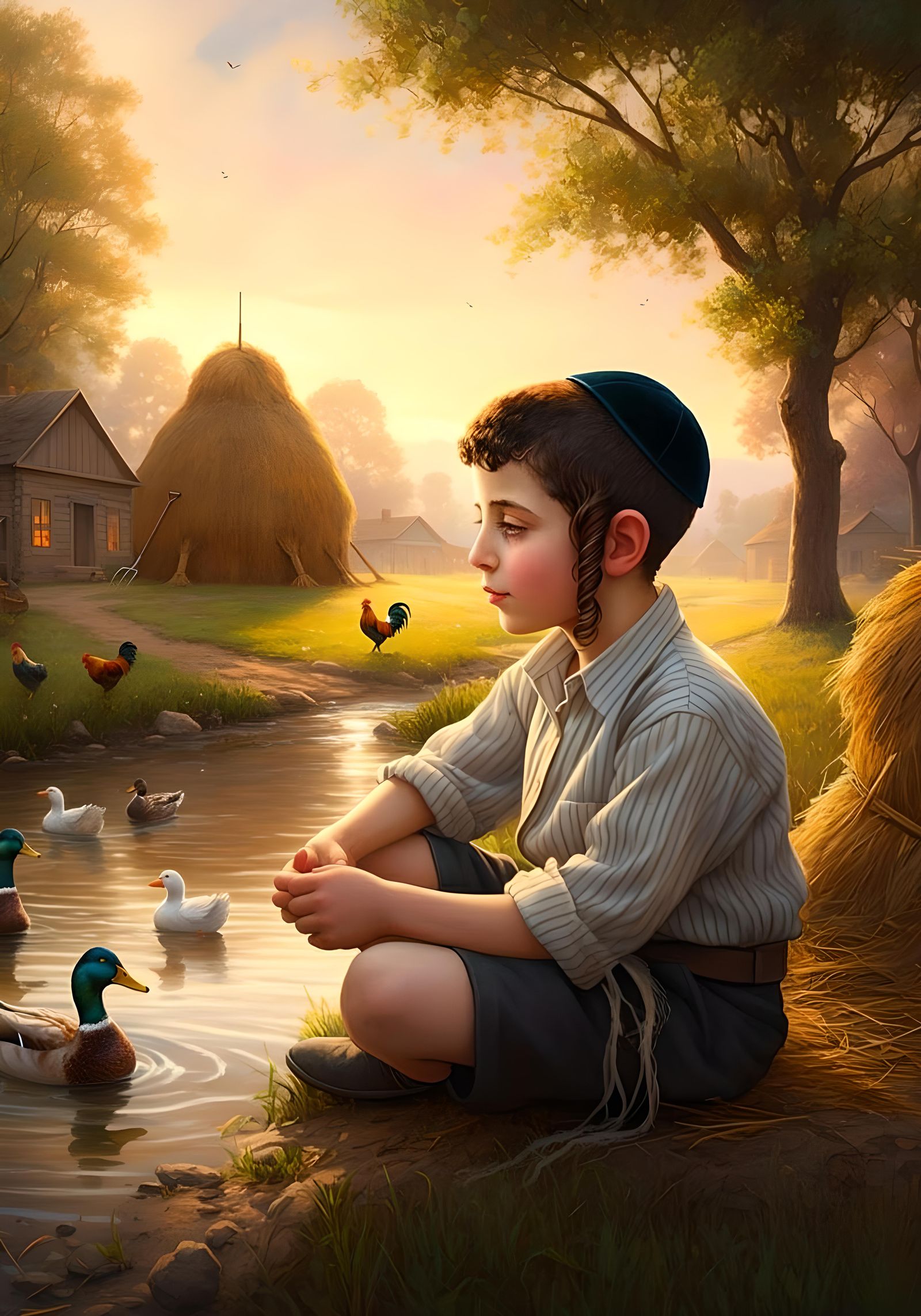 Young Boy with Ducks and Roosters by Stream