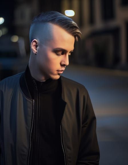 He has a short high and tight hair cut. His clothes are a bl...