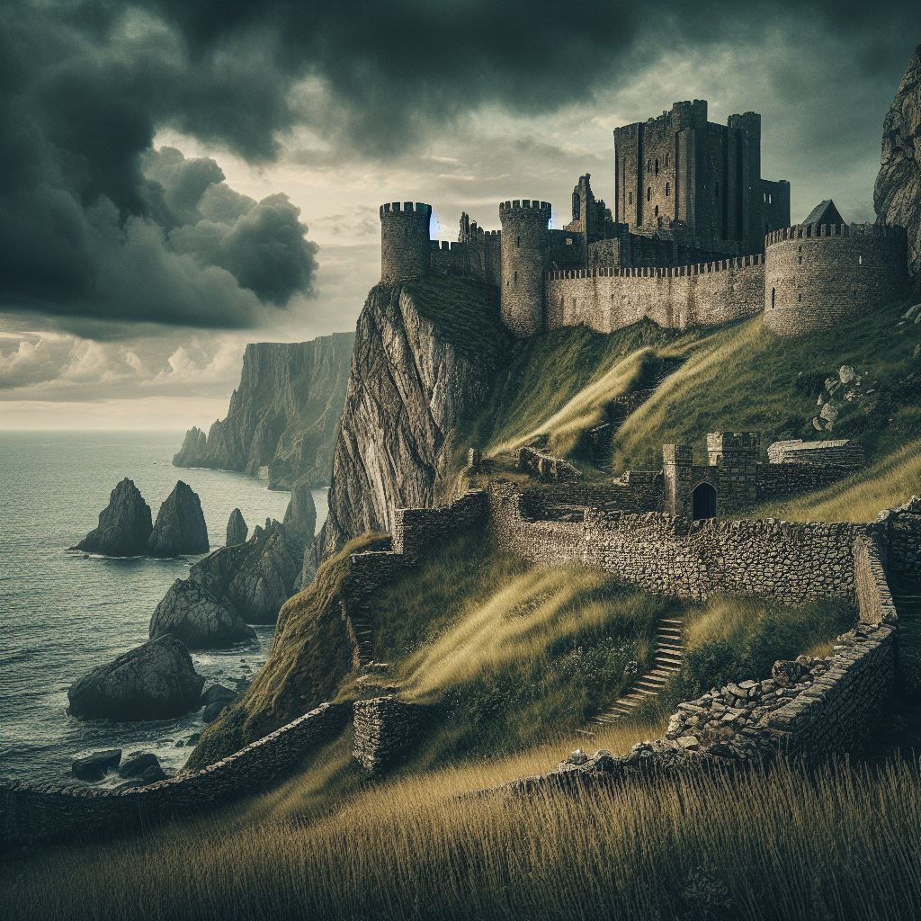 A castle on a cliff overlooking the sea