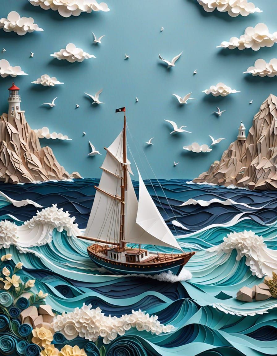 Paper quilling art. a big sailboat sails in the ocean with big waves near a lighthouse. a blue sky with ...  by @Ima
