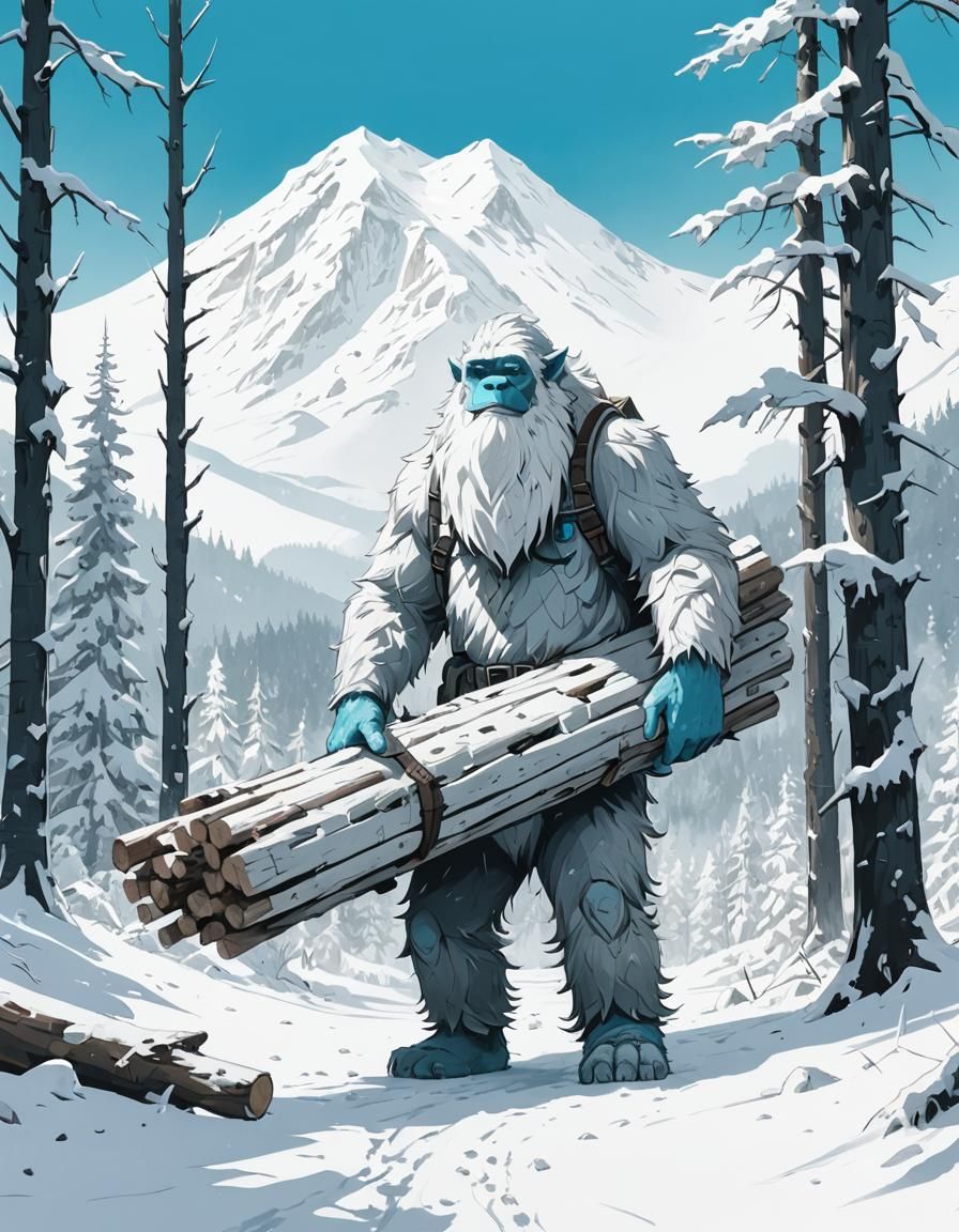 White monochromatic art work, carrying logs pile of over sho...