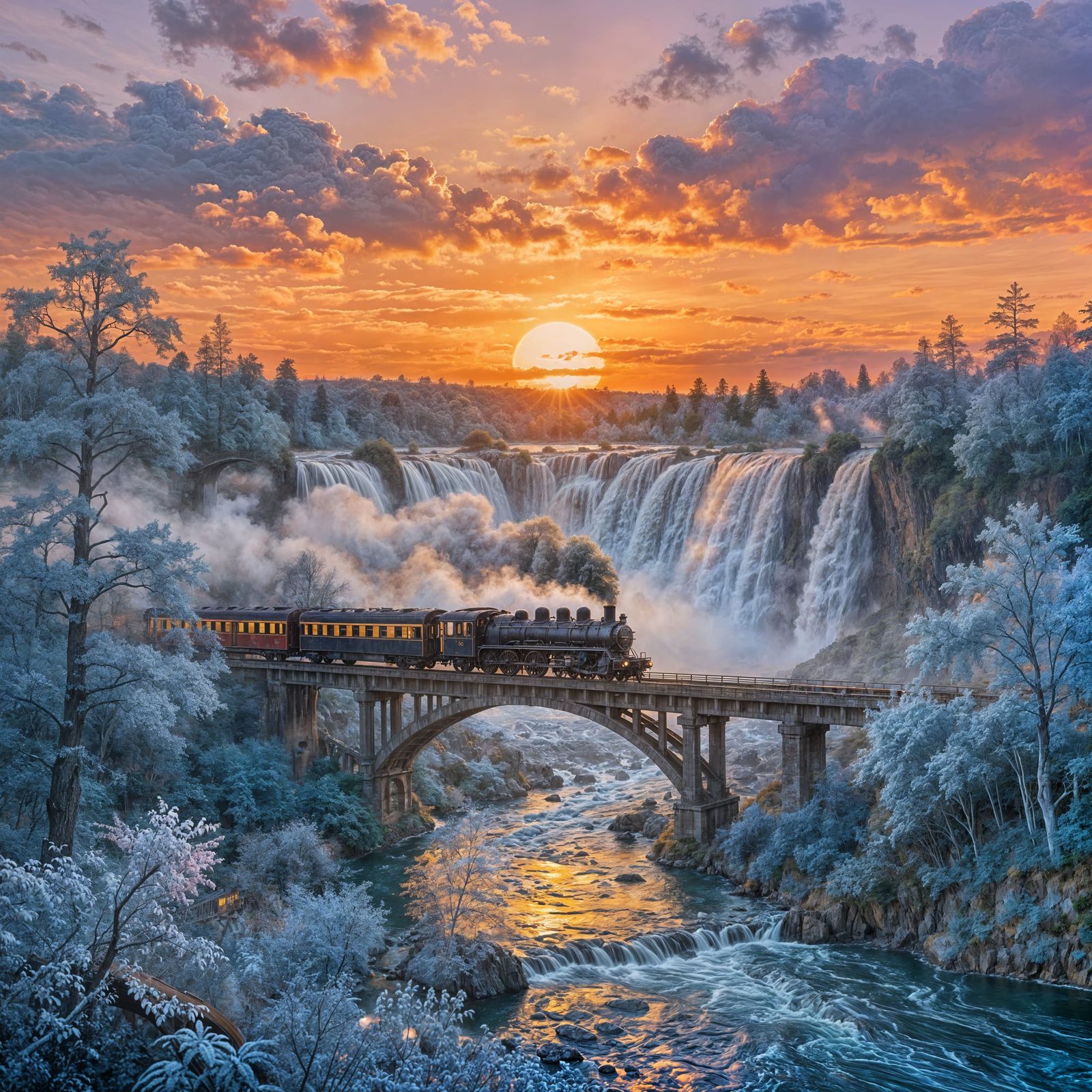 Majestic Steam Train Crossing Fantasy Bridge at Sunset