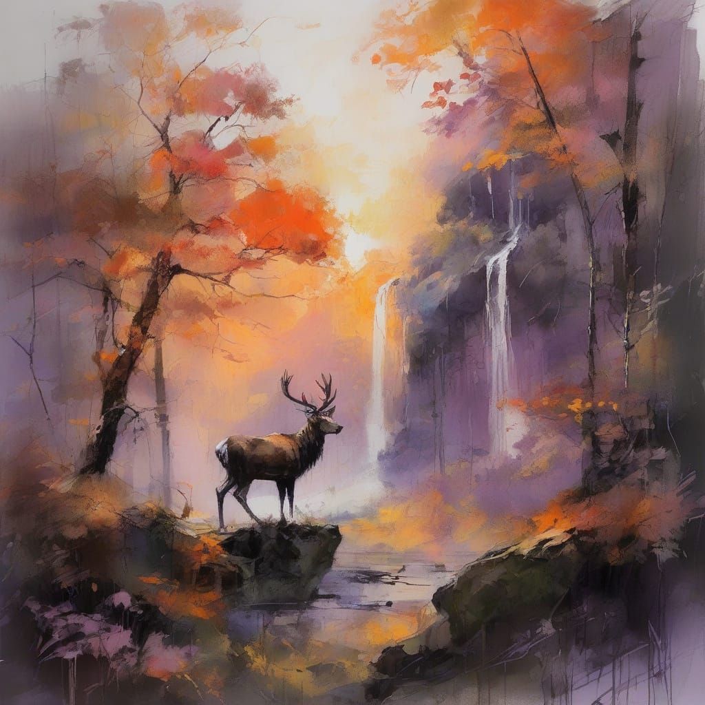 Waterfall's Serene Deer in Impressionist Style
