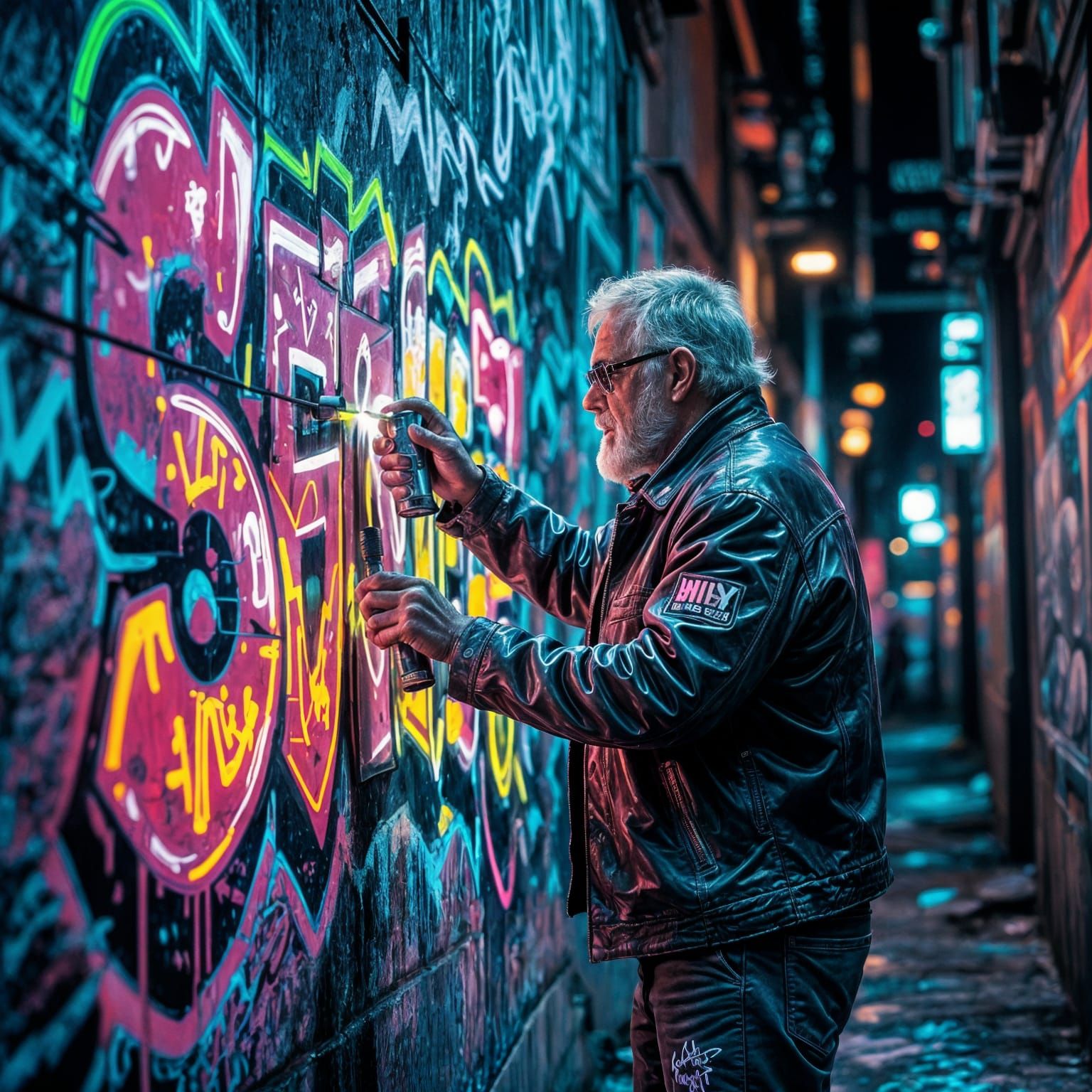 An old man painting graffiti on a giant wall at night, neon spray paint glowing under UV light, futuristic ...  by @Likvi