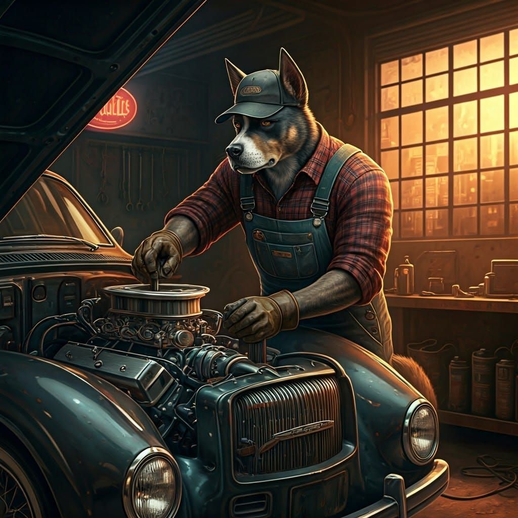 A grizzled, humanoid dog mechanic, clad in tattered overalls, a faded plaid shirt, and a grease-stained ...  by @KrystofM75