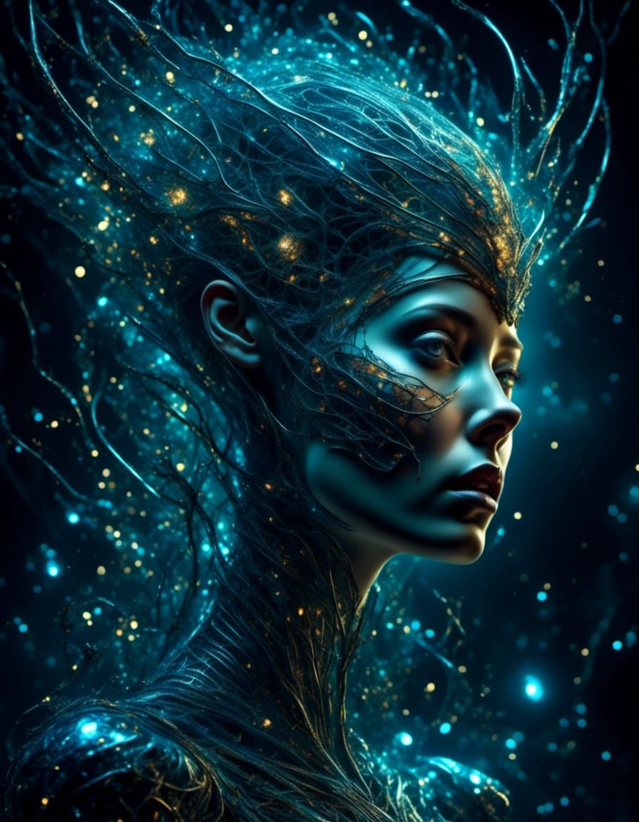Bioluminescent DNA Woman in Cosmic Space