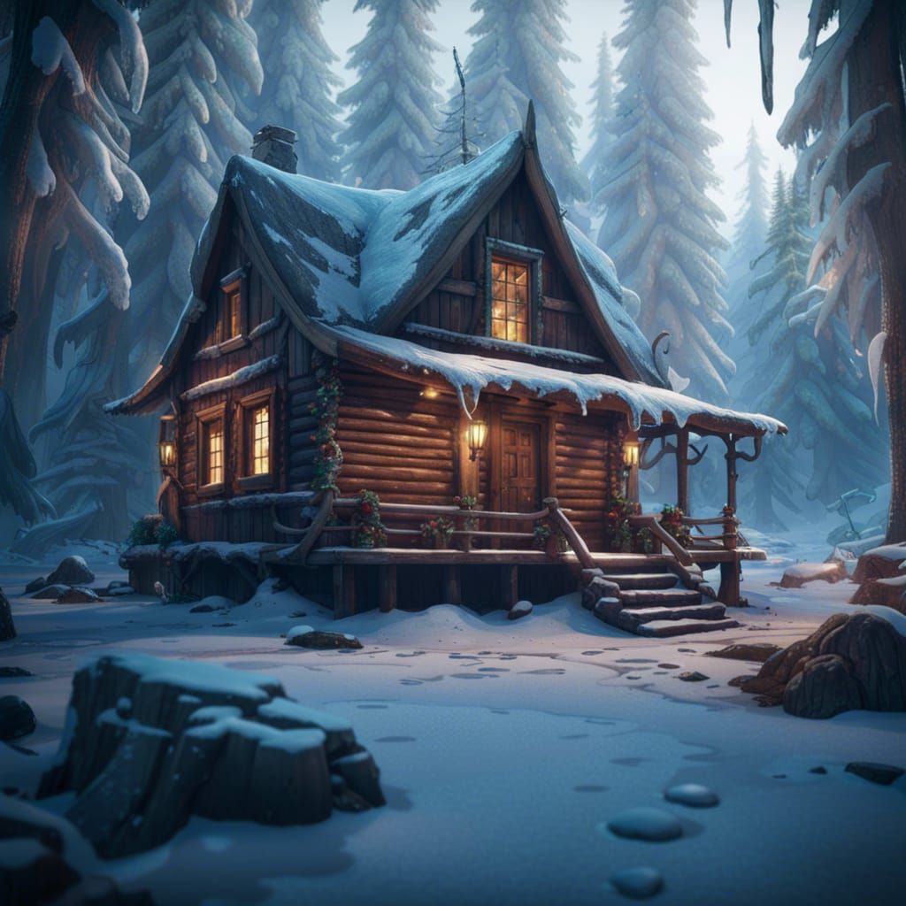 cozy wood cabin in an icy landscape in a forest - AI Generated Artwork ...