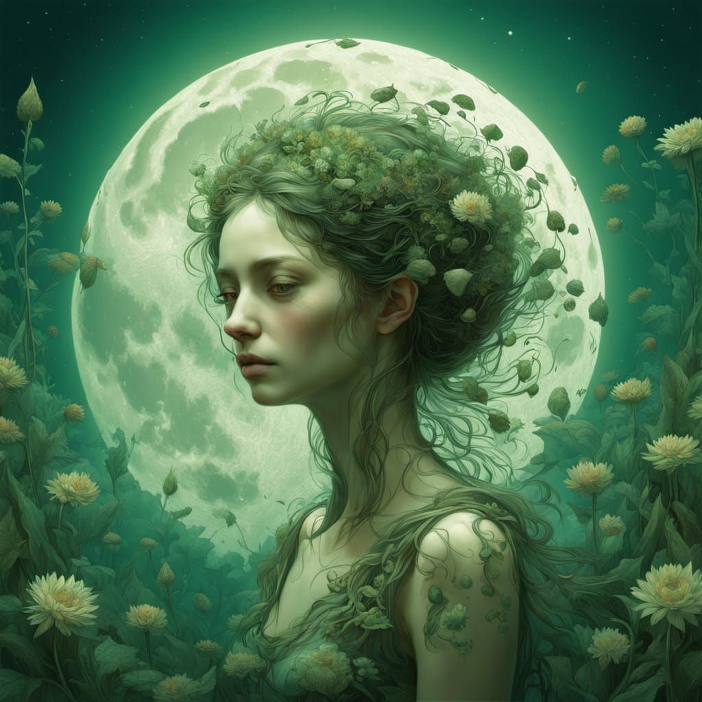 Mysterious moon girl in shades of green