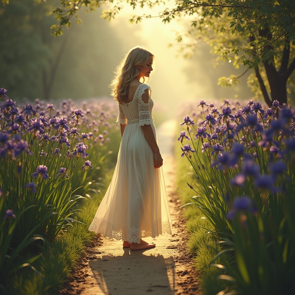 Lean not on your own understanding and he will make your path straight, a straight path with dark purple flowers, blonde realistic woman in ...