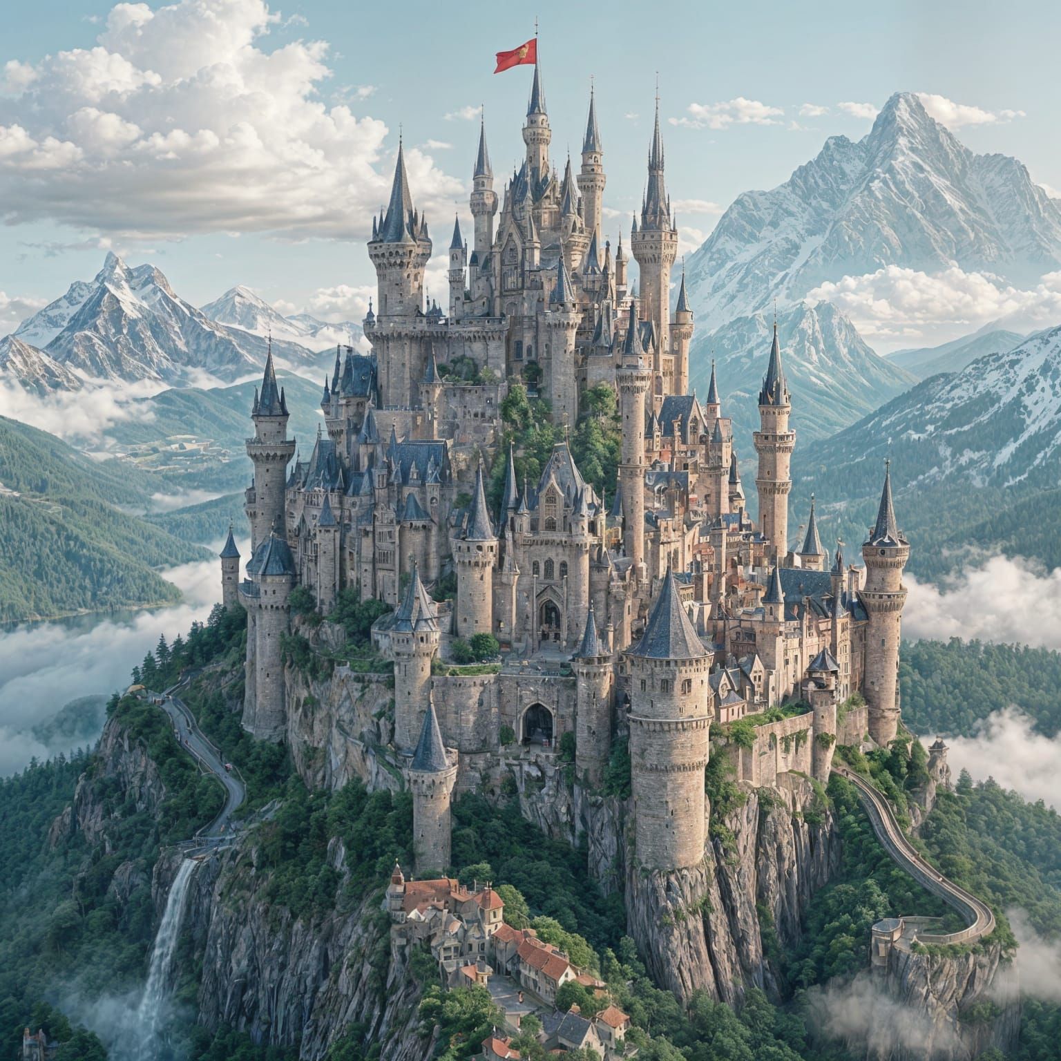 Spectacular Imaginary Castle with Red Roofs and Gold Details