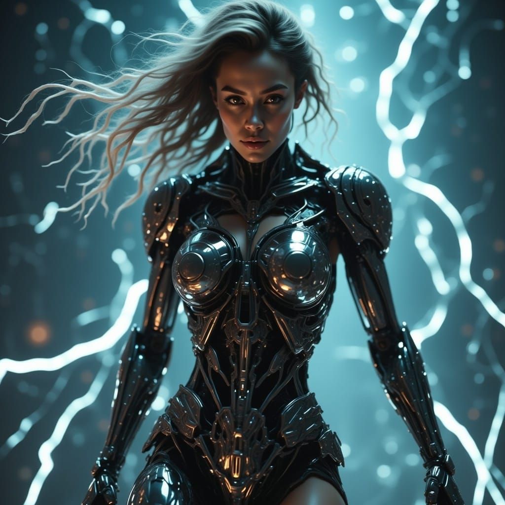 <lora:Mechanical Mesh:1.0> Close-up of female cyborg walking fiercely, lightning cascading down all around, sinister atmosphere background 