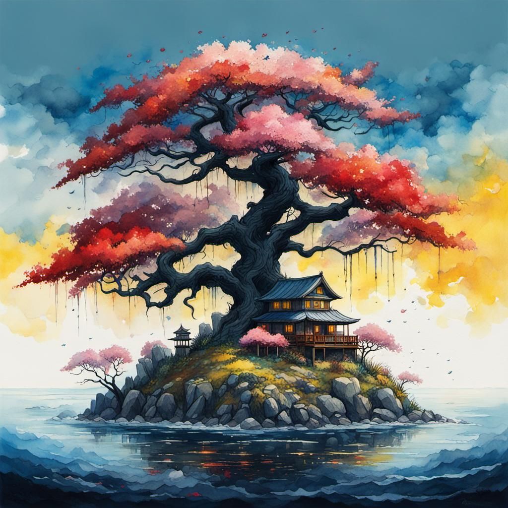 Island of Sakura Trees in Oil, Watercolor and Ink