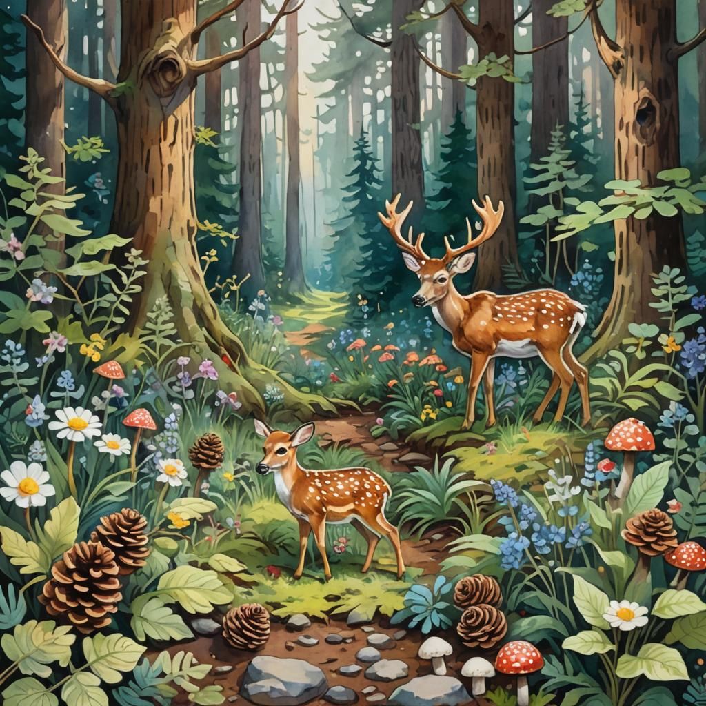 art nouveau, pinecones on a forest floor, deer faun, tiny white ...