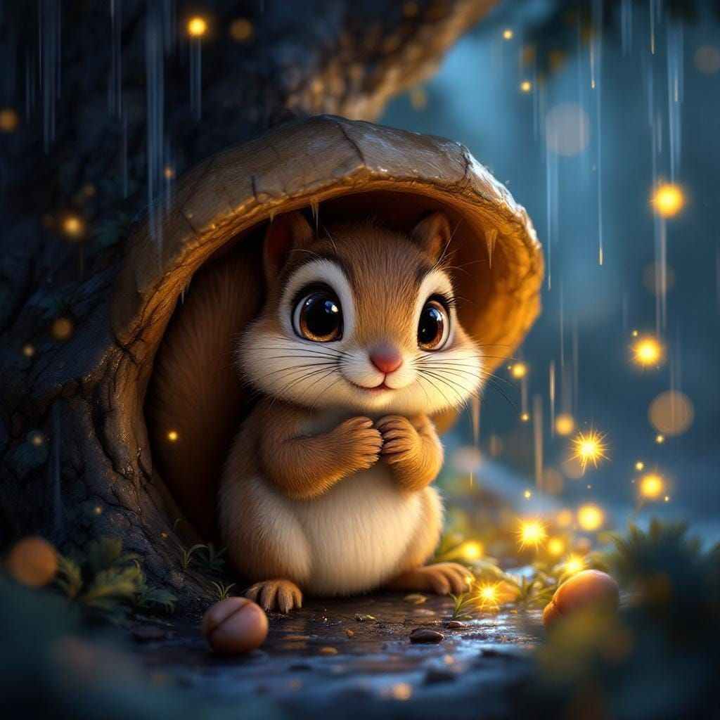 A hyperrealistic digital artwork of an adorable cute cartoonized squirrel with big eyes sheltering from ...  by @Zizzle