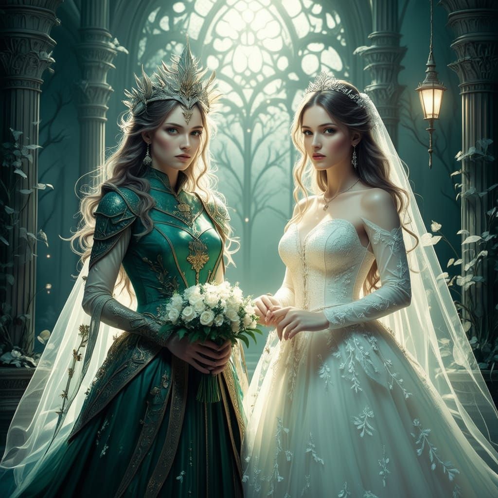 radiant fairytale bride with a glittering tiara and veil marries an elegant, dark-haired witch in a deep forest green gown and a pointed hat...