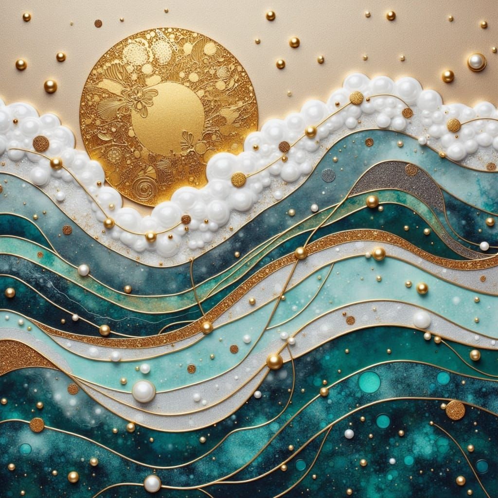 Majestic Mountains, Abstract Acrylic Painting, Dynamic Textured Layers and Glittering Gold Leaf Pattern, Minimalism, Luxurious Golden Detail...