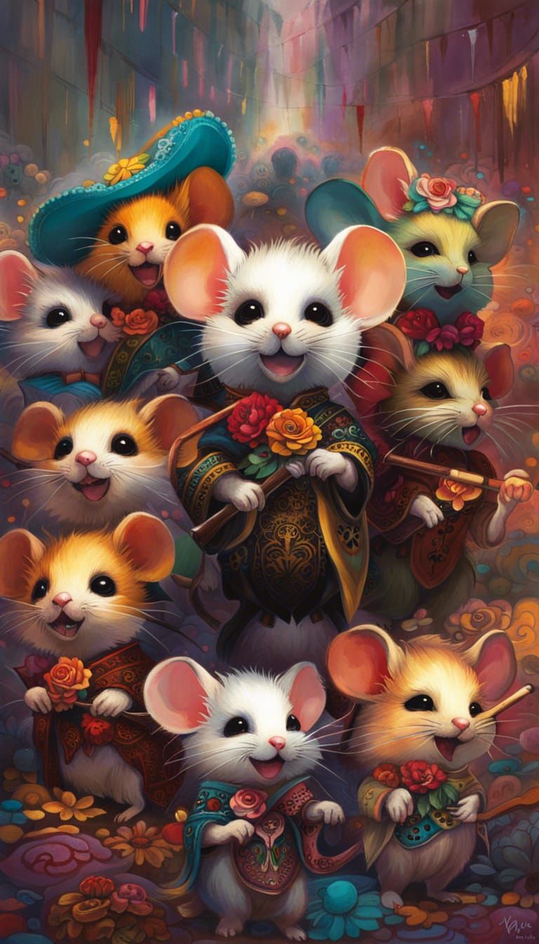 Lots of chibi adorable anthropomorphic furry mice wearing di...