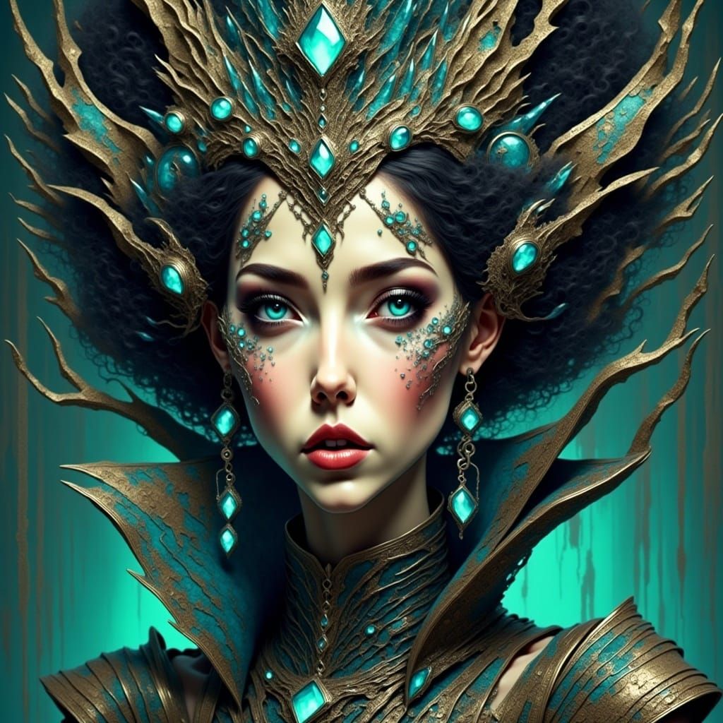  <lora:SybilThorn-3:1.0> portrait of a beautiful woman wearing intricately detailed colorful clothing and futuristic jewelry.