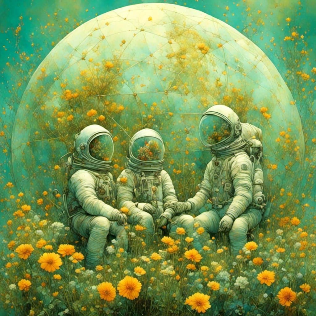 Three men in spacesuits tending to the flowers in a geodesic dome...  by @Caroline