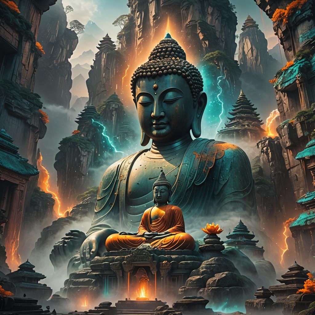 Buddha in Mountain Temple: Cinematic Digital Art