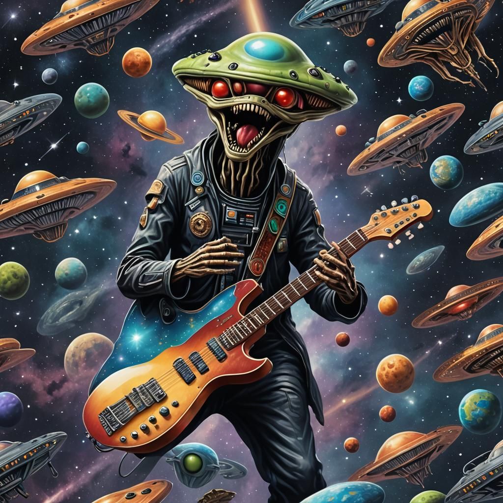 Alien Guitar UFO in Cosmic Flight