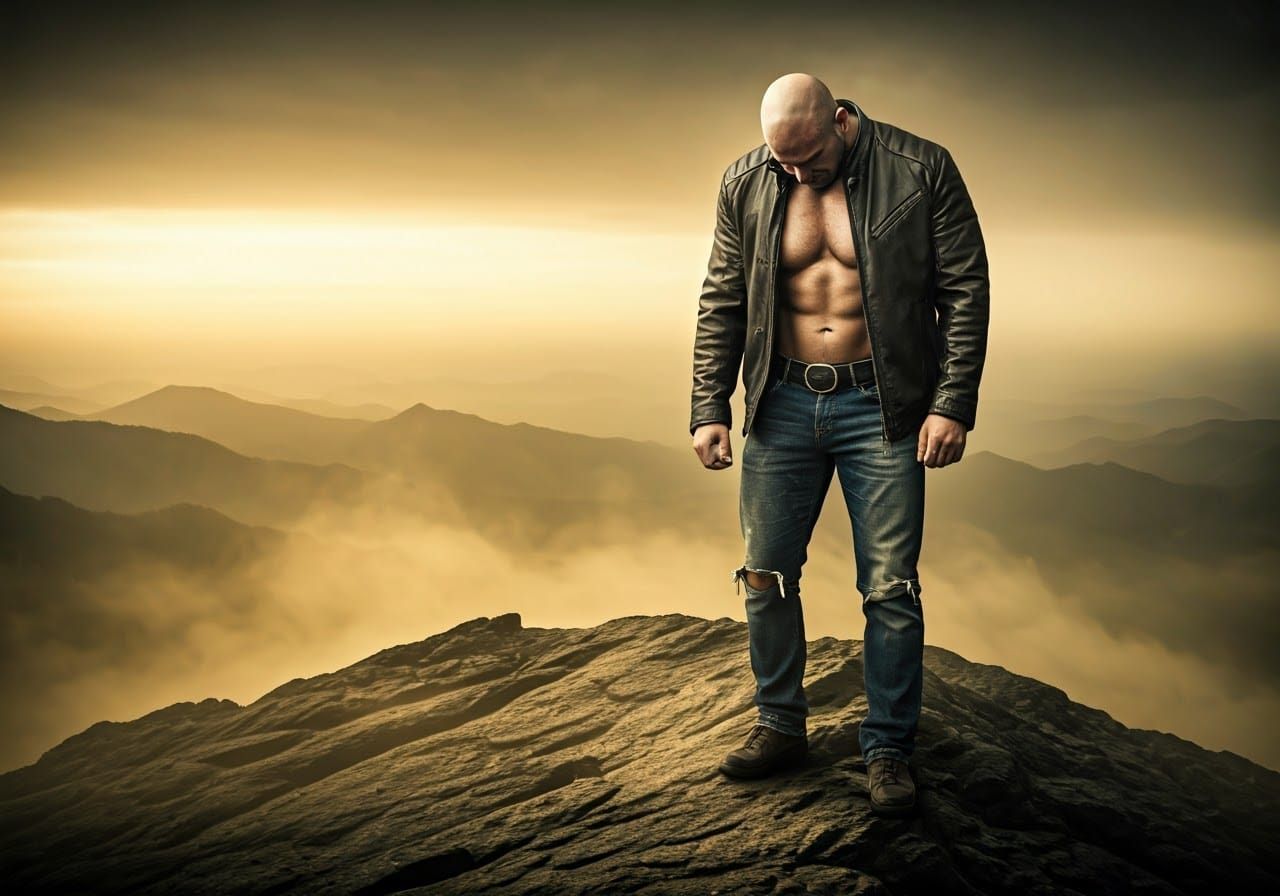 a large bald fit man standing on top of a mountain sad and f...