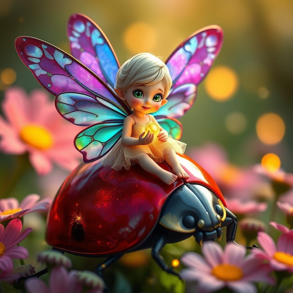Whimsical Fairy on Ladybug in Enchanted Forest